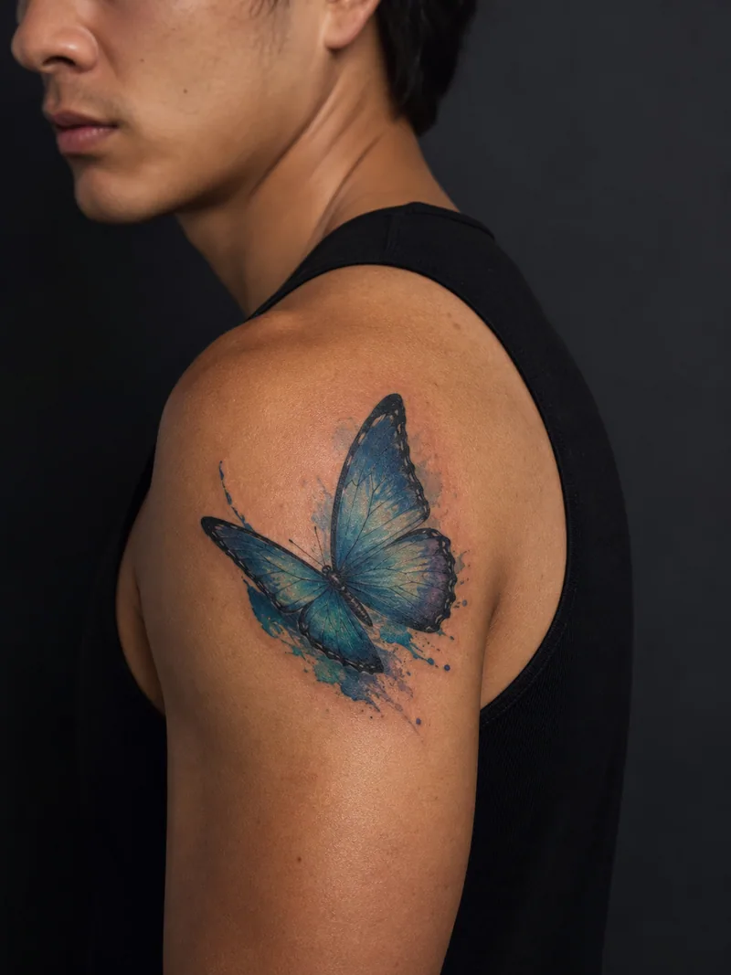 Blue morpho tattoo - A blue morpho angles into flight through loose pigment washes.