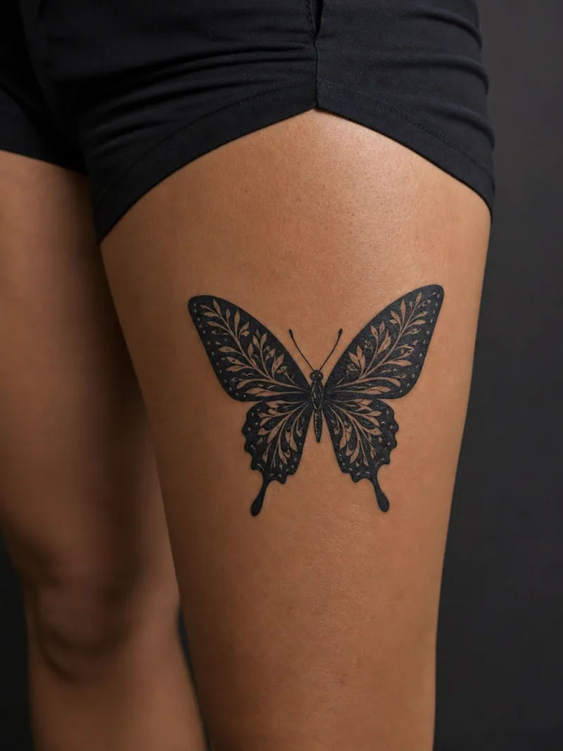 Blackwork swallowtail tattoo - Broad swallowtail wings use botanical negative-space veins.