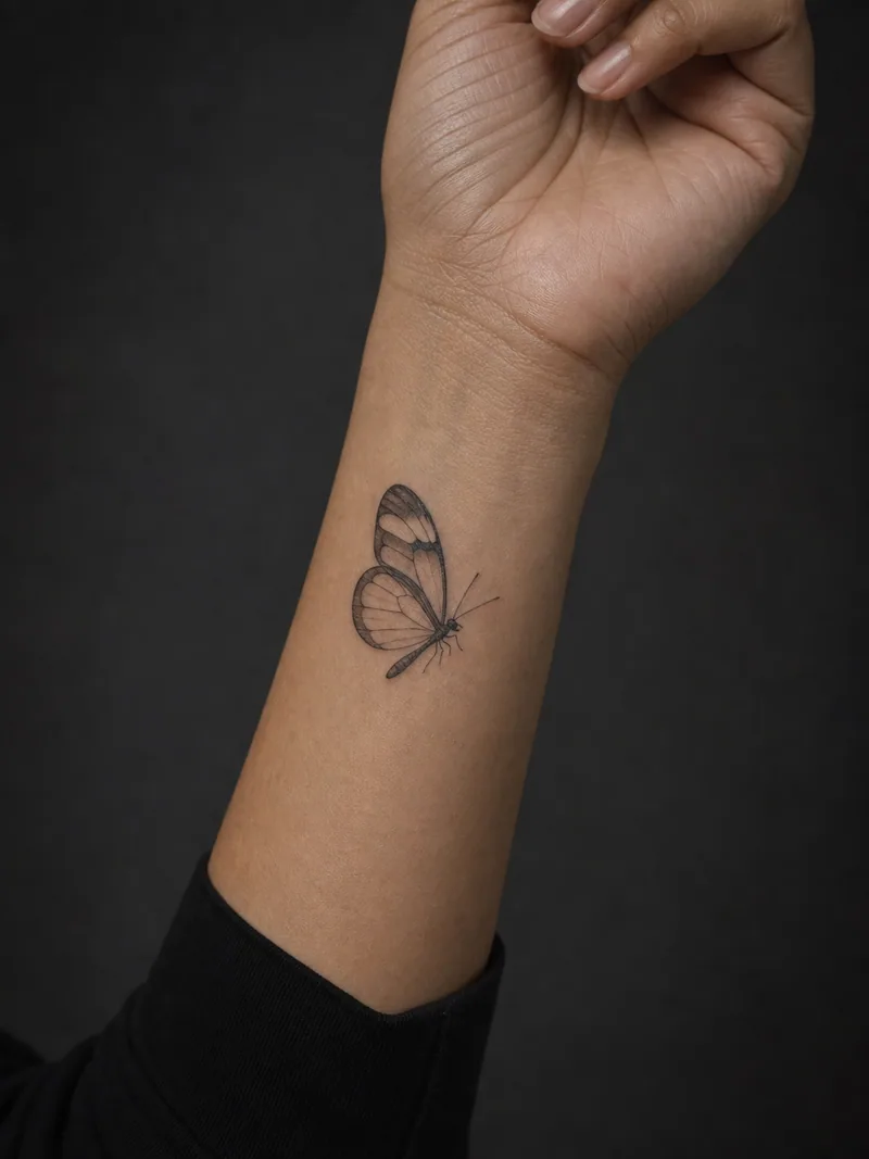 Glasswing butterfly tattoo - Fine shading suggests transparent wing cells at a small scale.