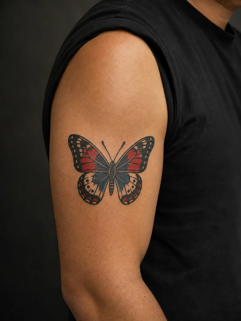 Traditional butterfly tattoo - Bold outlines divide the wings into classic color panels.