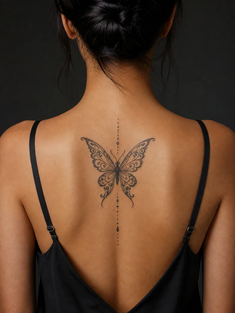 Ornamental butterfly tattoo - Symmetrical filigree wings extend into a vertical dotted tail.