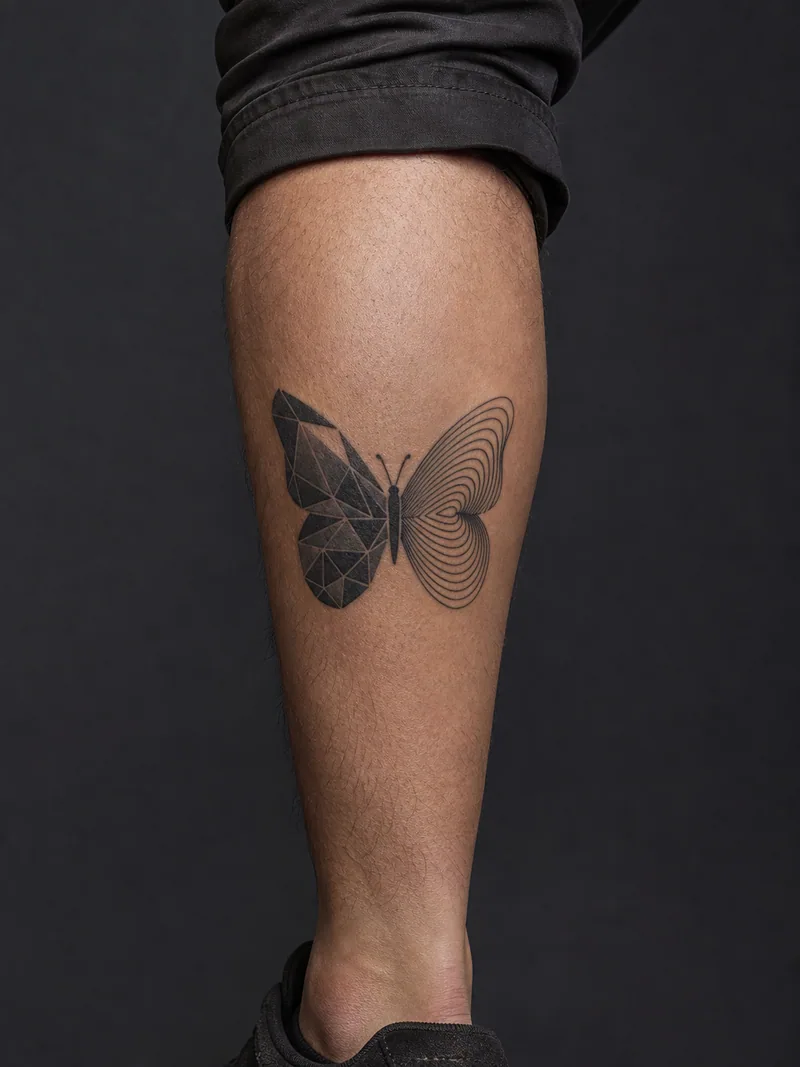 Geometric butterfly tattoo - One wing uses dark facets while the other uses concentric arcs.