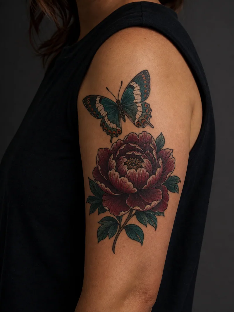 Butterfly and peony tattoo - A teal butterfly hovers above a deep burgundy peony.