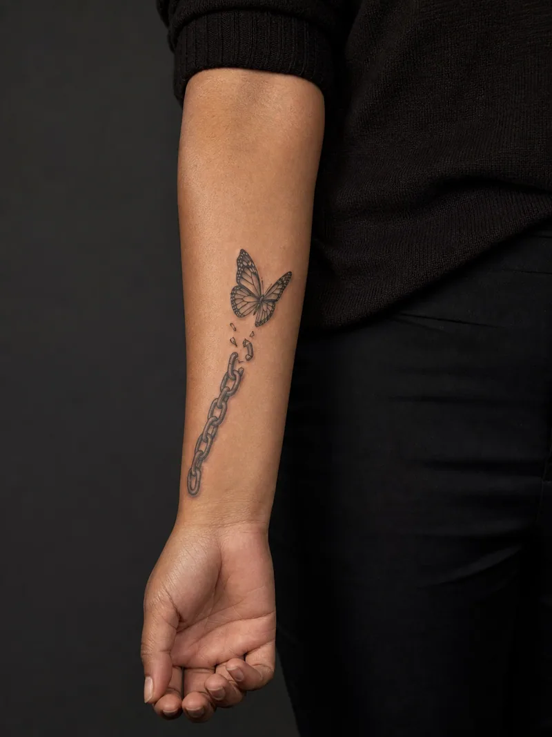 Butterfly chain tattoo - A butterfly lifts away from one separated chain link.