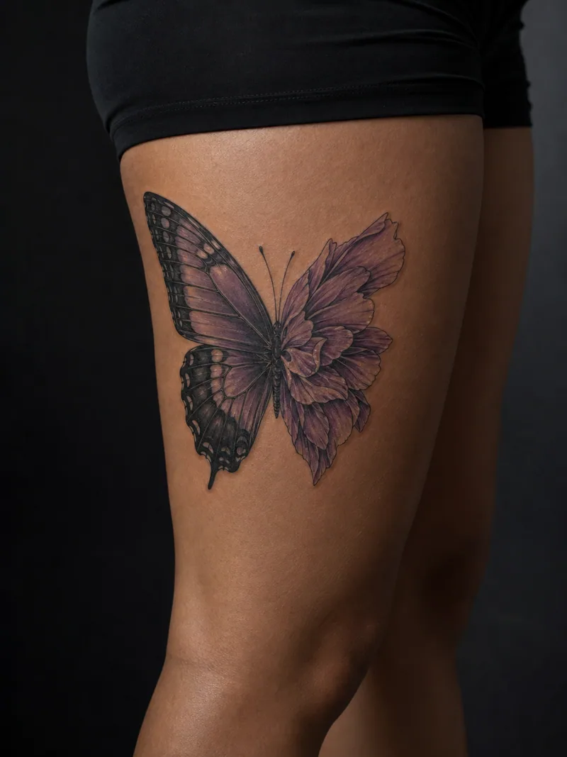 Flower wing butterfly tattoo - One butterfly wing transforms into layered flower petals.