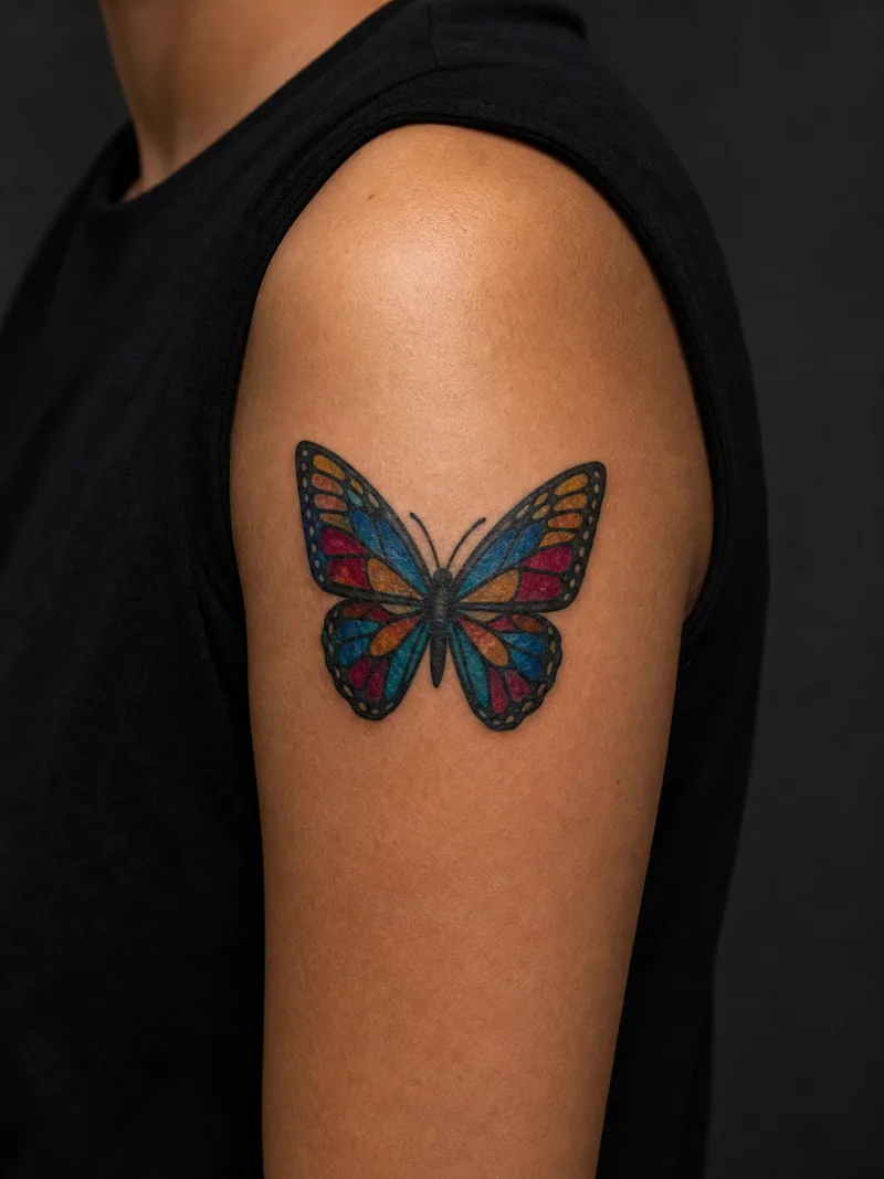 Stained-glass butterfly tattoo - A thick black framework contains saturated glass-like panels.