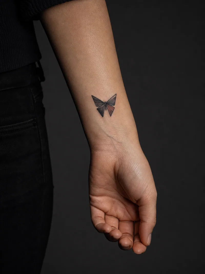 Origami butterfly tattoo - Folded black planes meet one rust-colored triangular accent.