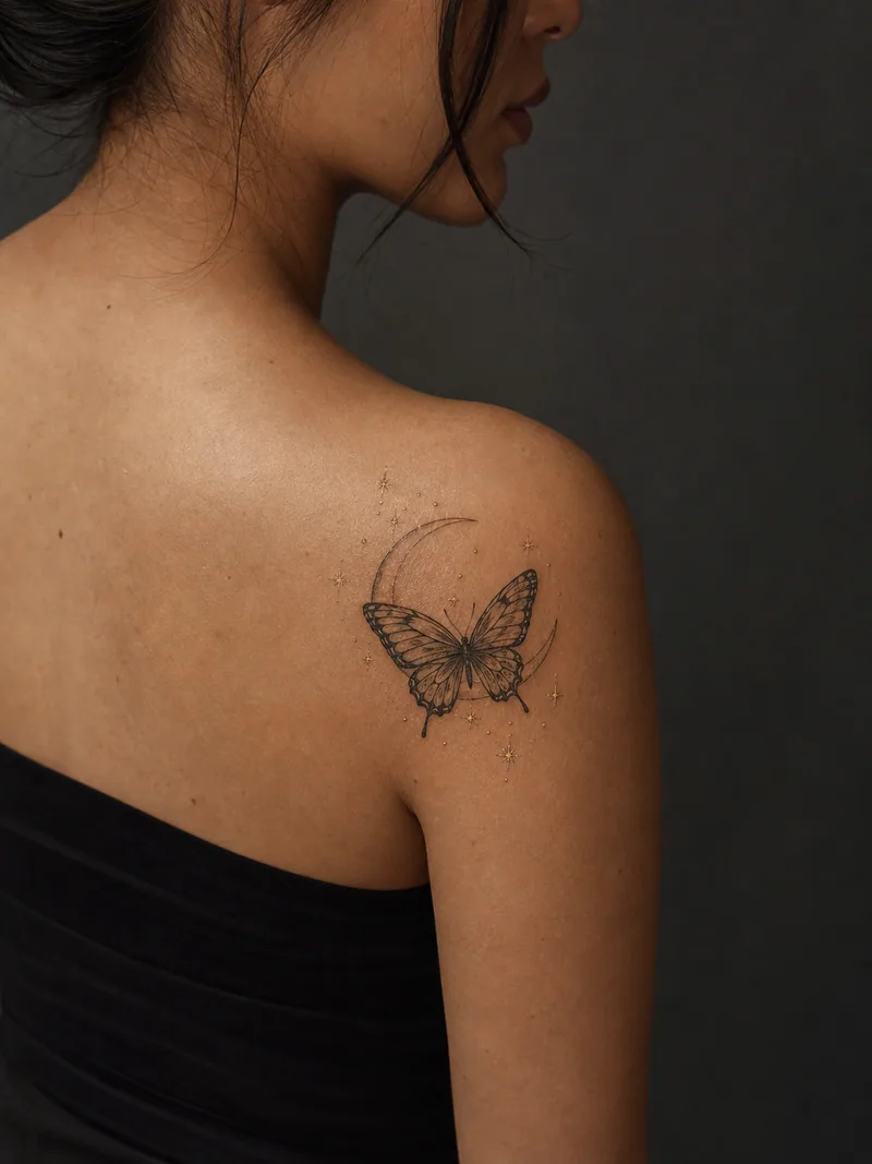 Butterfly moon tattoo - A butterfly crosses a slim crescent surrounded by tiny gold dots.