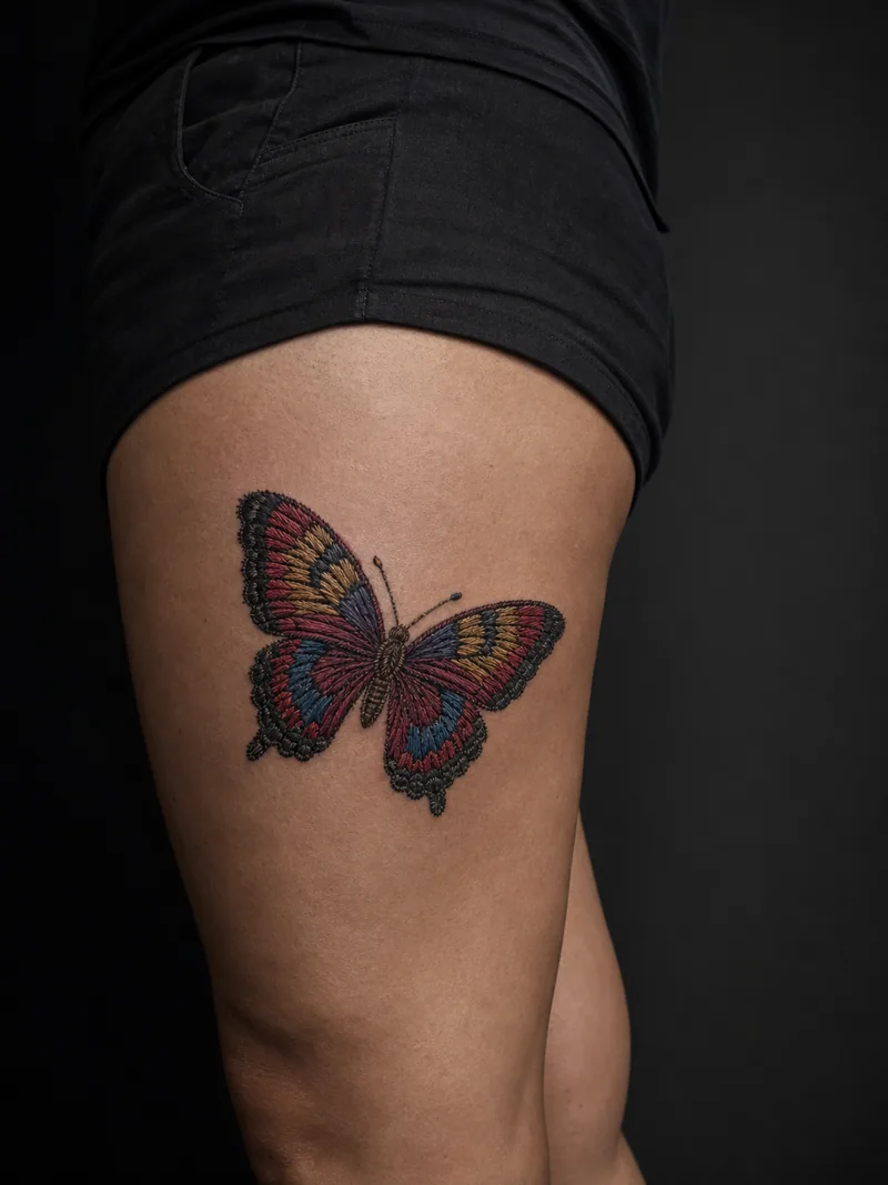 Embroidered butterfly tattoo - Thread-like color strokes sit inside a stitched black outline.