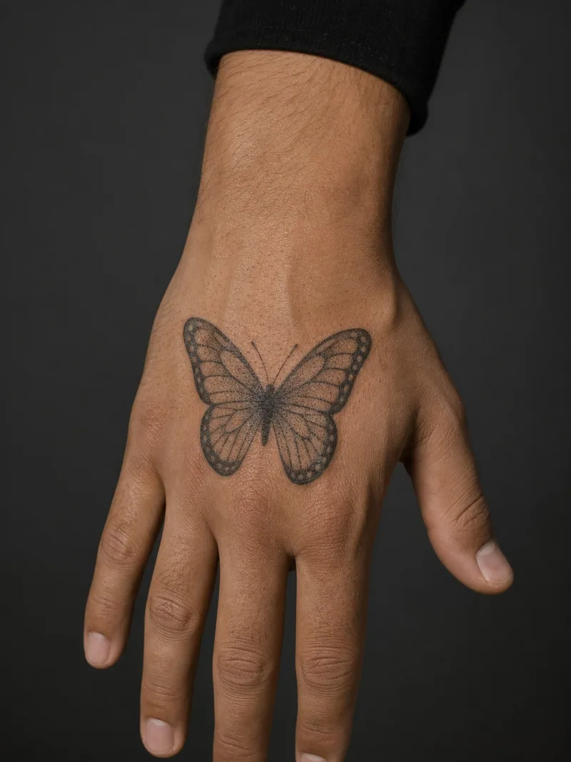Dotwork hand butterfly tattoo - Stippled wings remain contained within a crisp hand-sized outline.