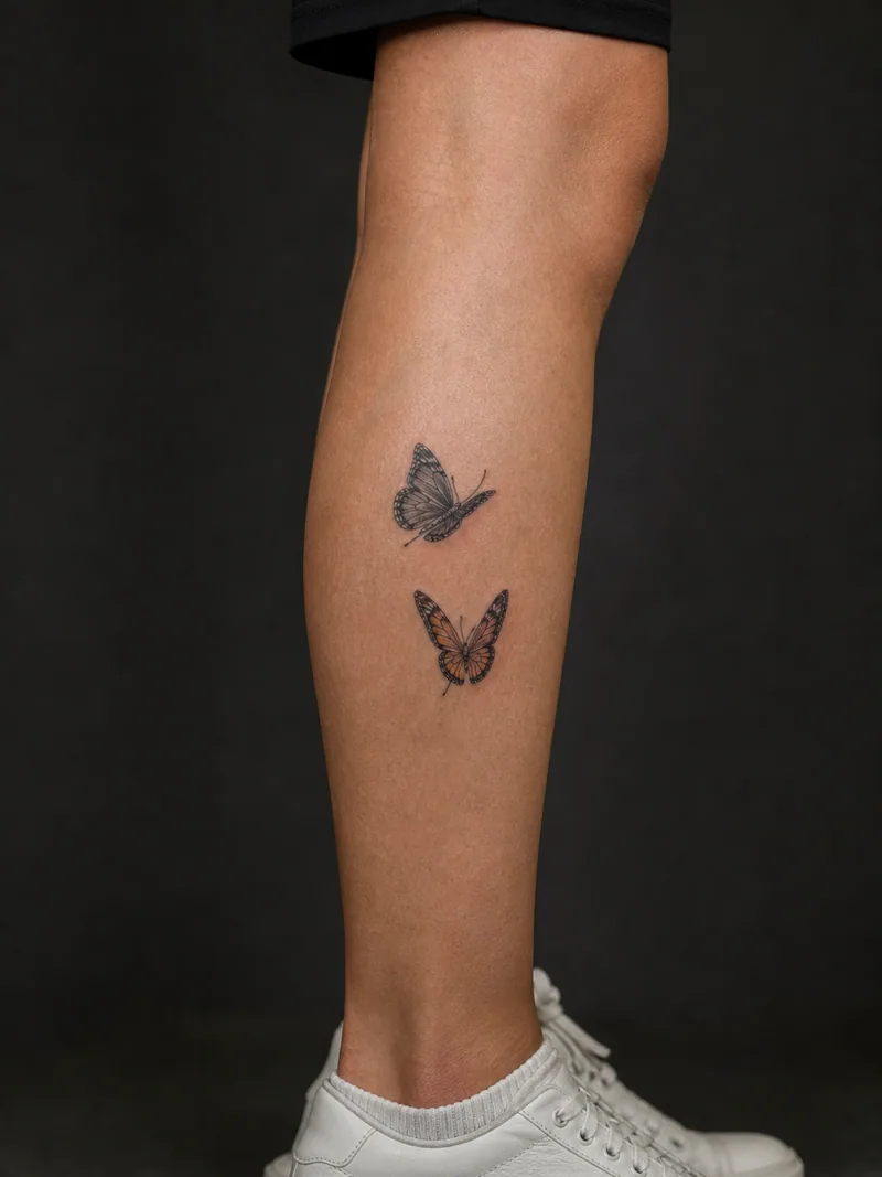 Two butterfly tattoo - Two butterflies circle each other at different flight angles.