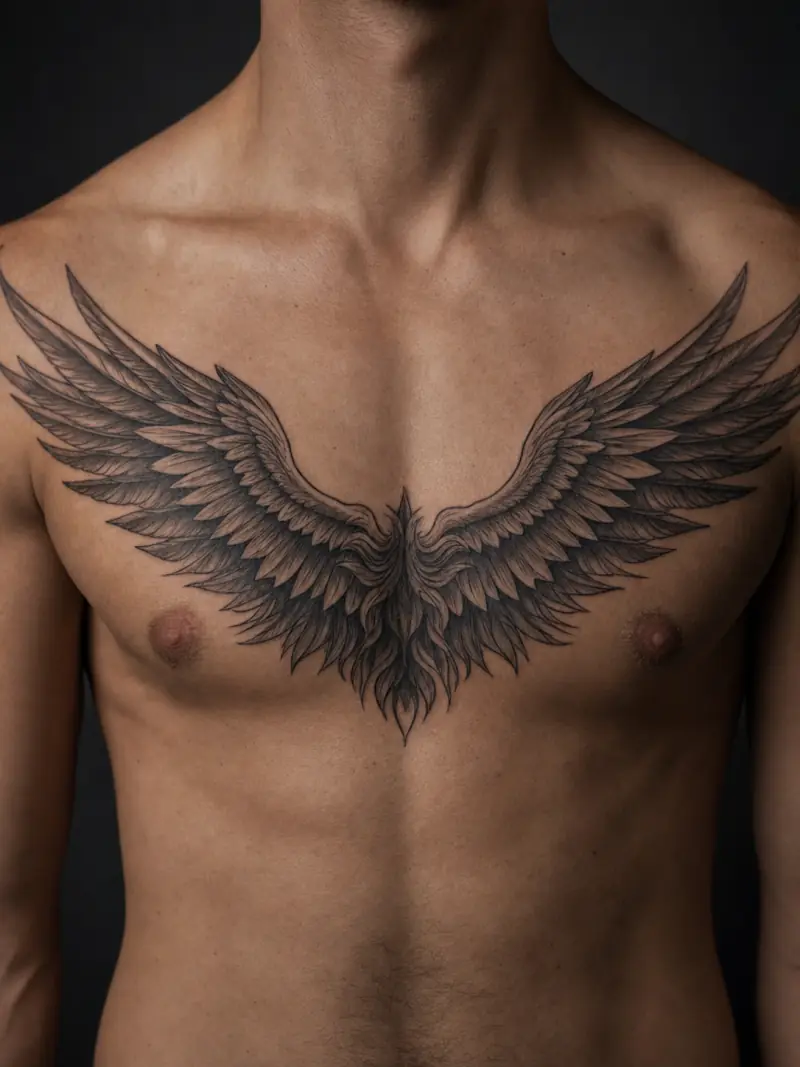 Winged chest piece tattoo in black and grey