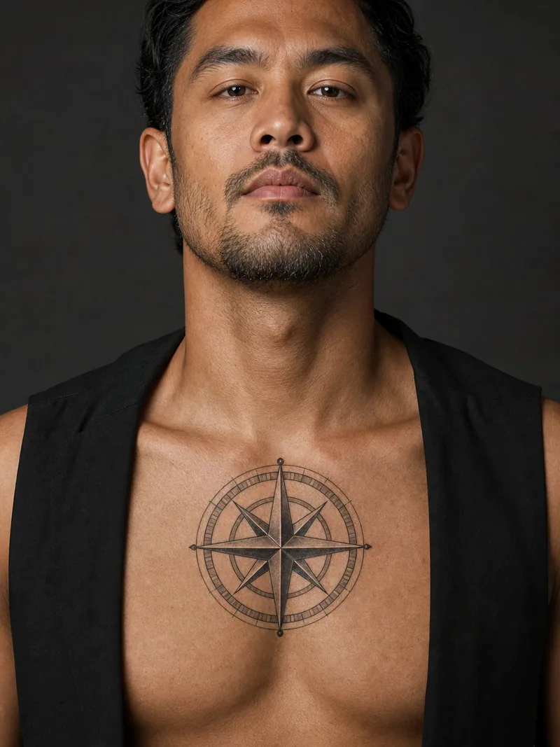 Compass chest tattoo - A clean compass rose sits centrally below the collarbones.