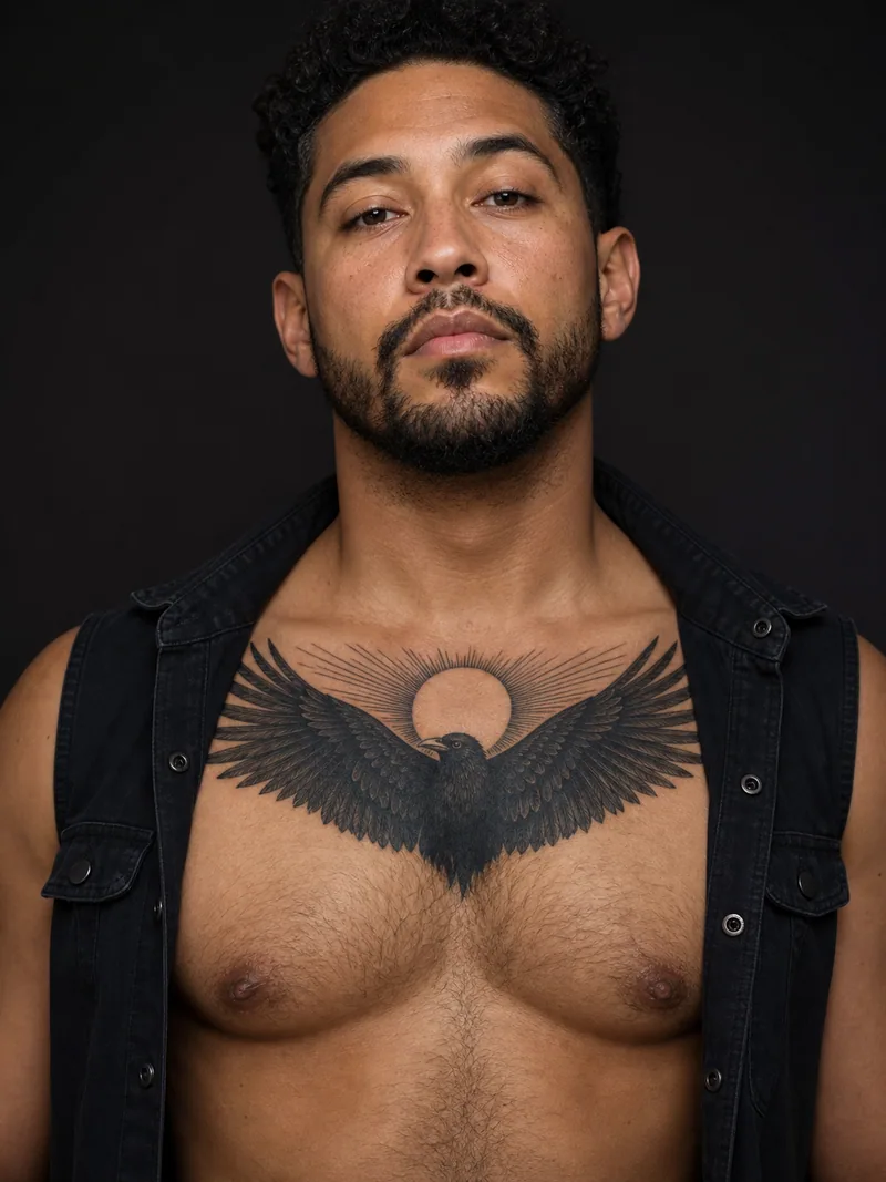 Raven sun chest tattoo - Dark wings spread from a small sun placed over the sternum.