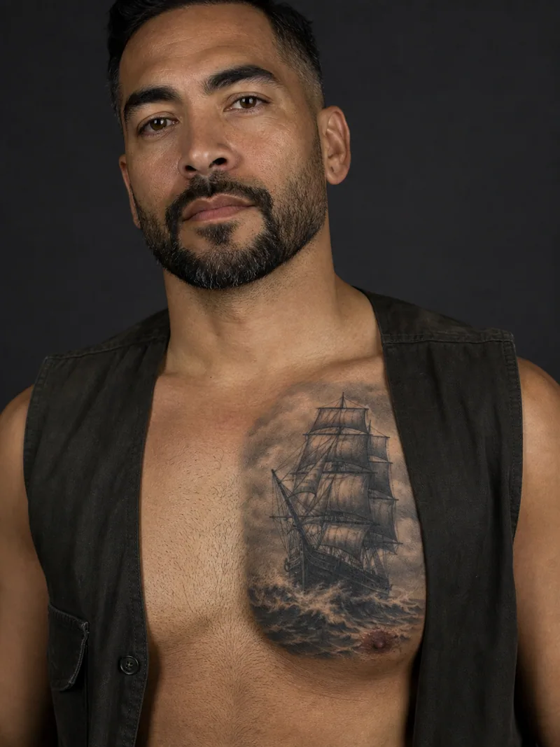 Clipper ship chest tattoo - An engraved sailing ship fills one pectoral without crossing the center line.