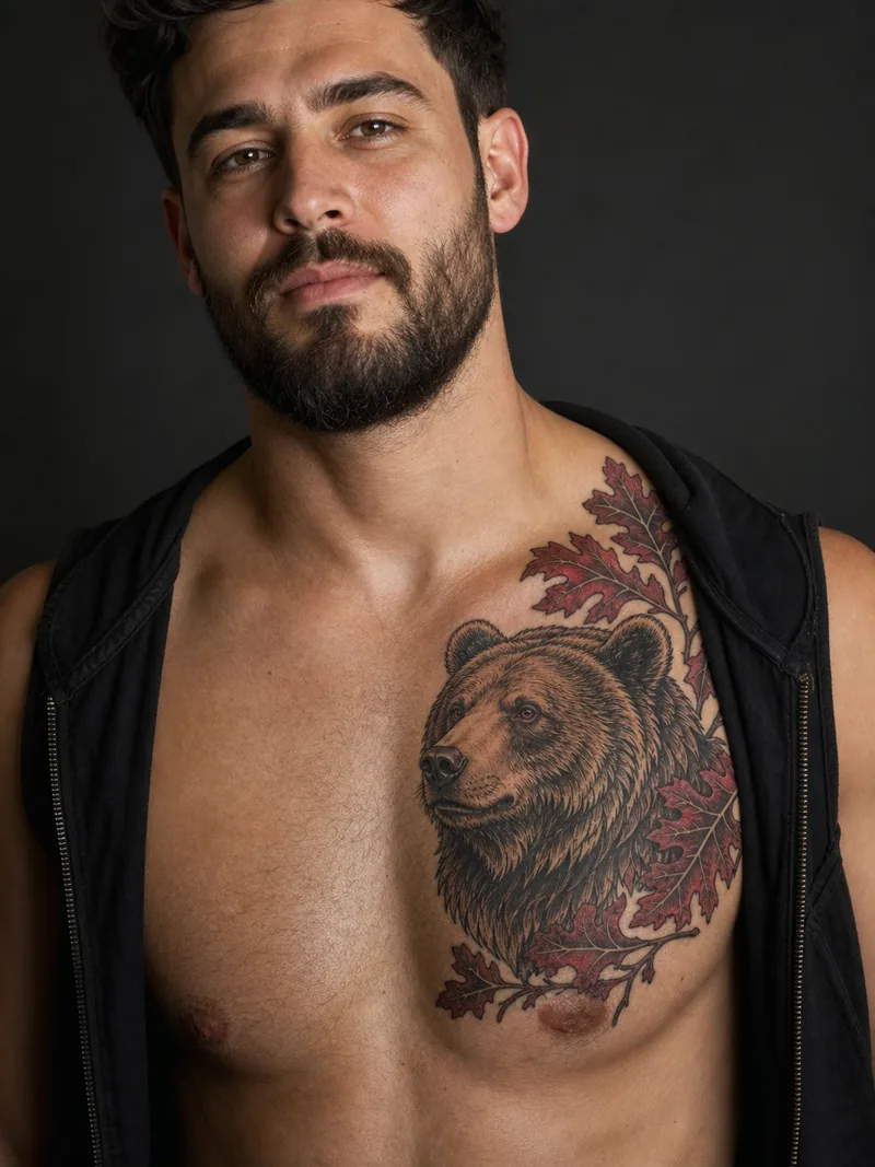 Bear chest tattoo - A framed bear portrait uses leaves to fit the rounded pectoral shape.