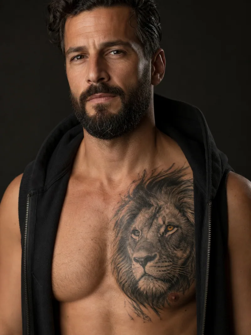 Lion chest tattoo - A softly shaded lion portrait creates a strong single-side chest panel.