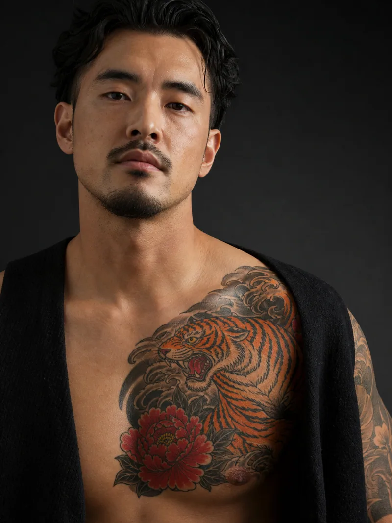 Tiger and peony chest tattoo - A tiger and peony sweep from one pectoral into the shoulder cap.