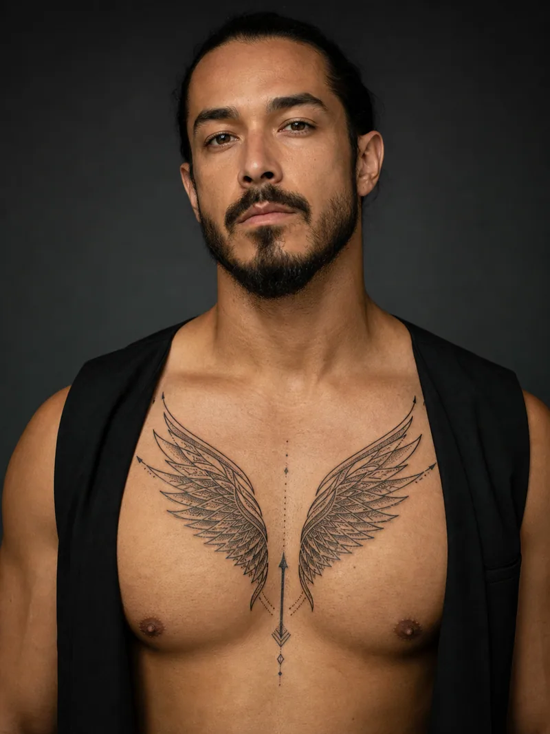 Ornamental wing chest tattoo - Two narrow feathered wings mirror each other around the sternum.