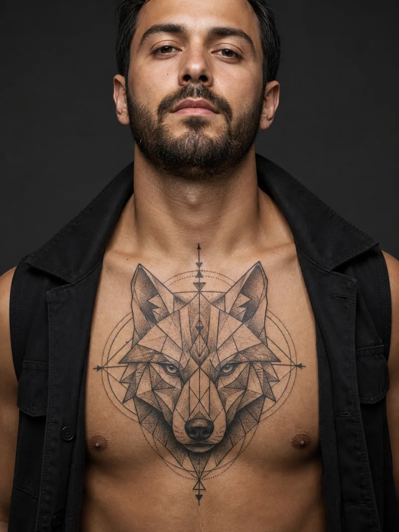Geometric wolf chest tattoo - Faceted lines and dot shading form a centered wolf portrait.