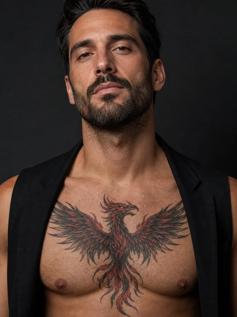 Phoenix chest tattoo - A phoenix spreads evenly over both pectorals with the body at center.