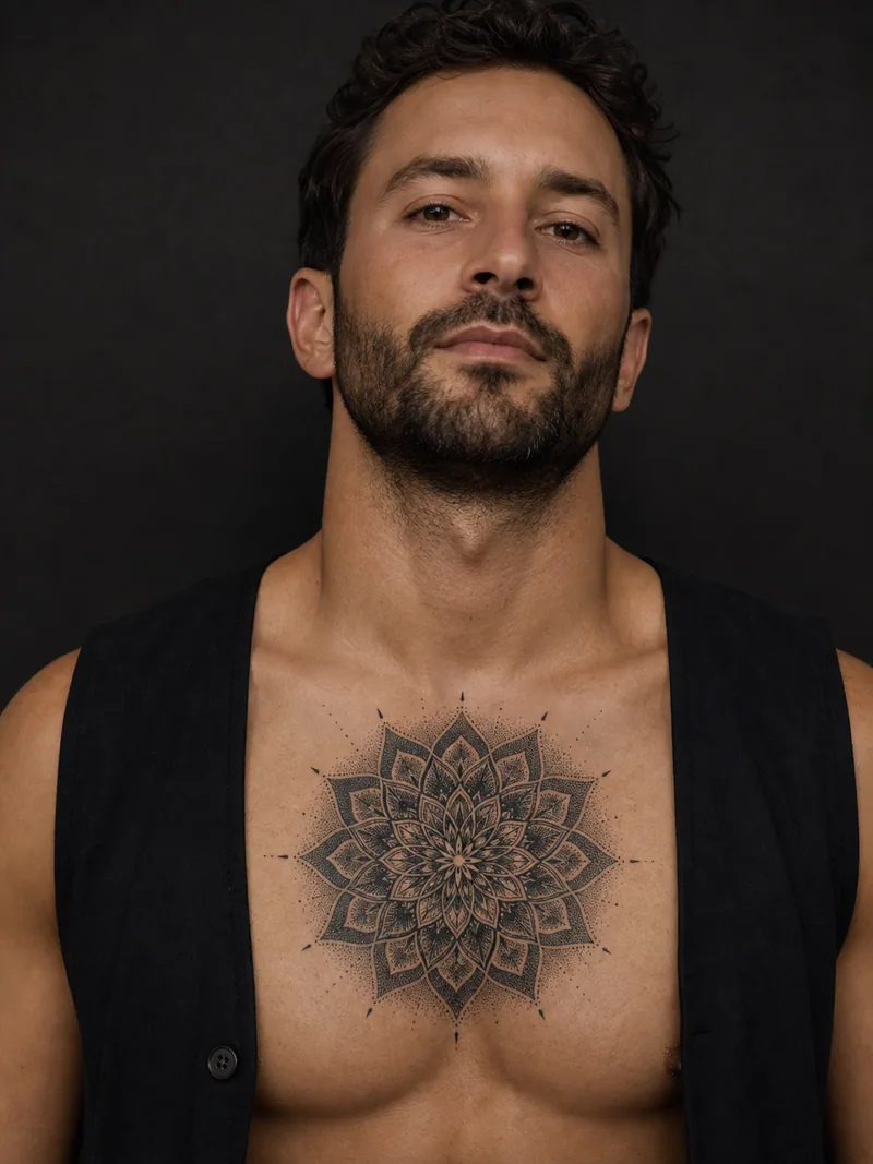 Mandala chest tattoo - A radial mandala creates a compact symmetrical sternum piece.