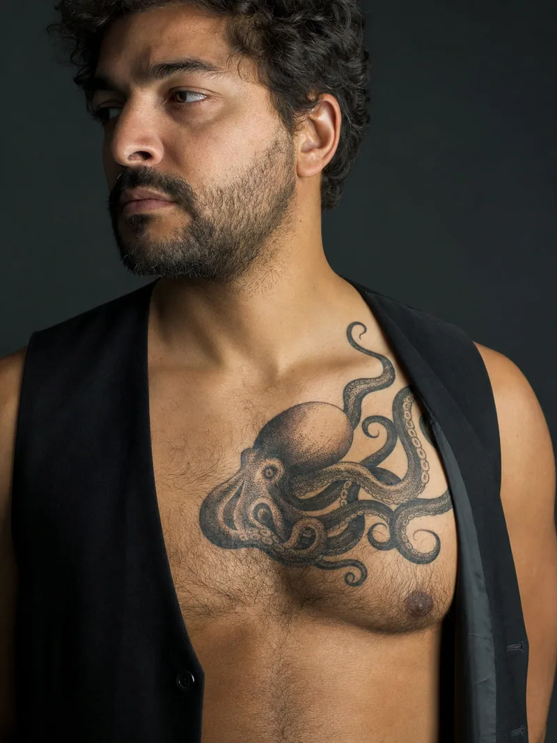 Octopus chest tattoo - Curving tentacles make an organic frame across one side of the chest.