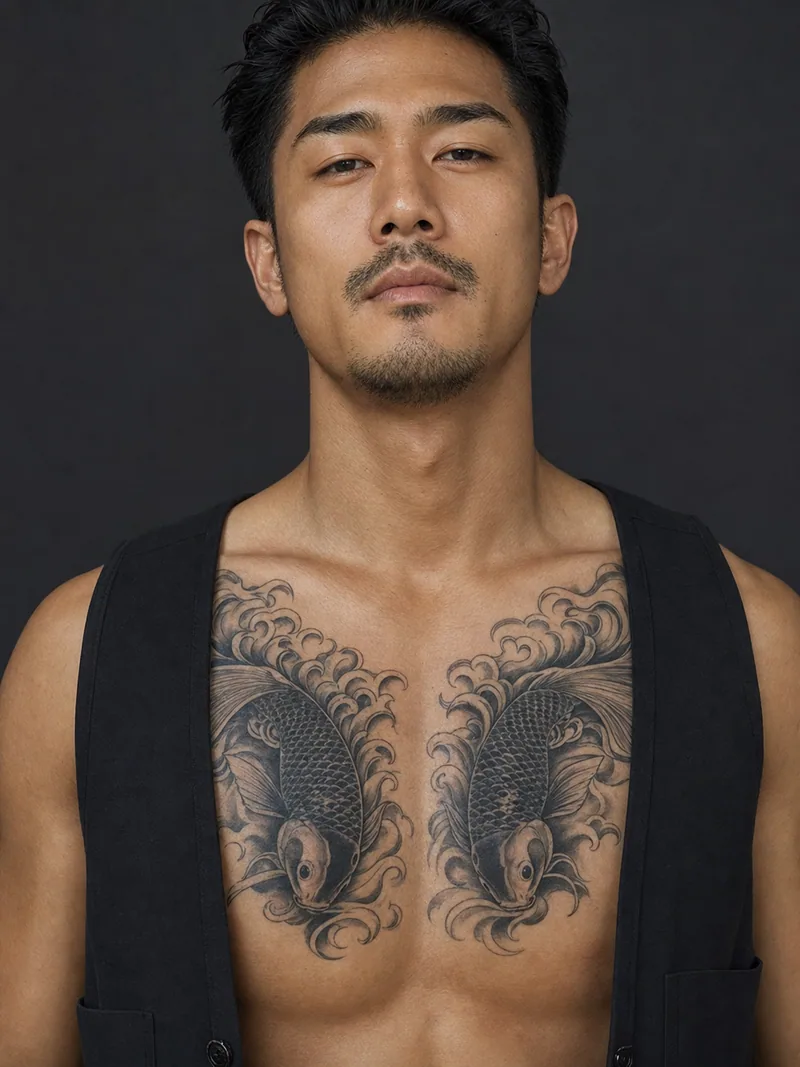 Two koi chest tattoo - Two koi mirror each other beneath the collarbones.