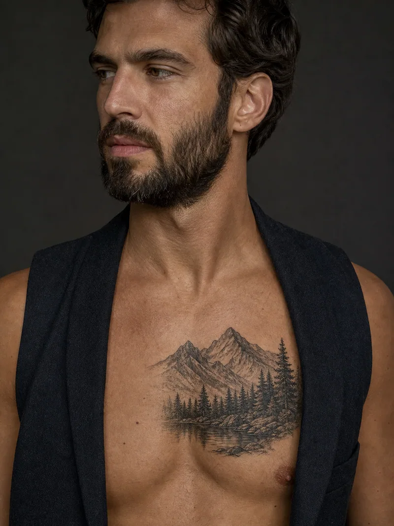 Mountain forest chest tattoo - Layered pines and peaks form a quiet landscape panel.