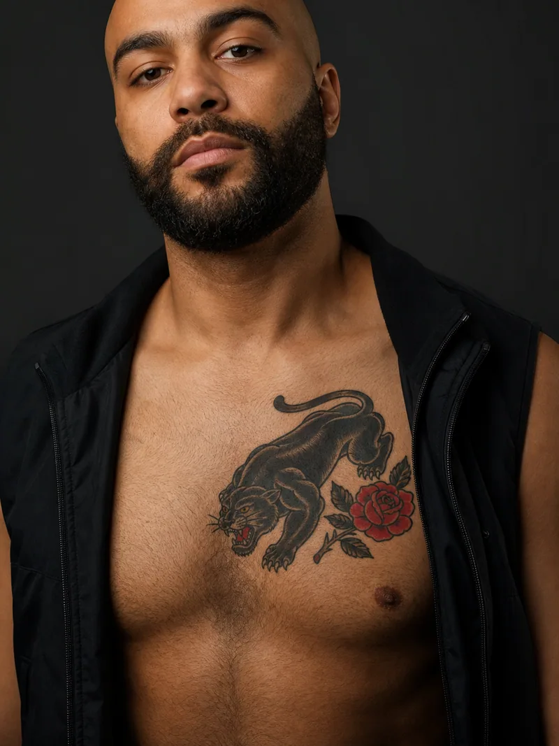 Panther and rose chest tattoo - A compact crawling panther pairs with one bold red rose.