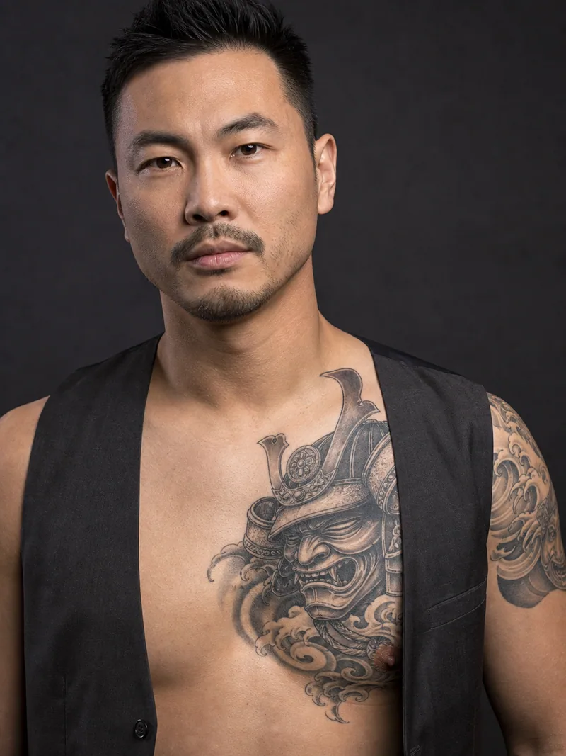 Samurai mask chest tattoo - A detailed warrior mask follows the outer pectoral toward the shoulder.