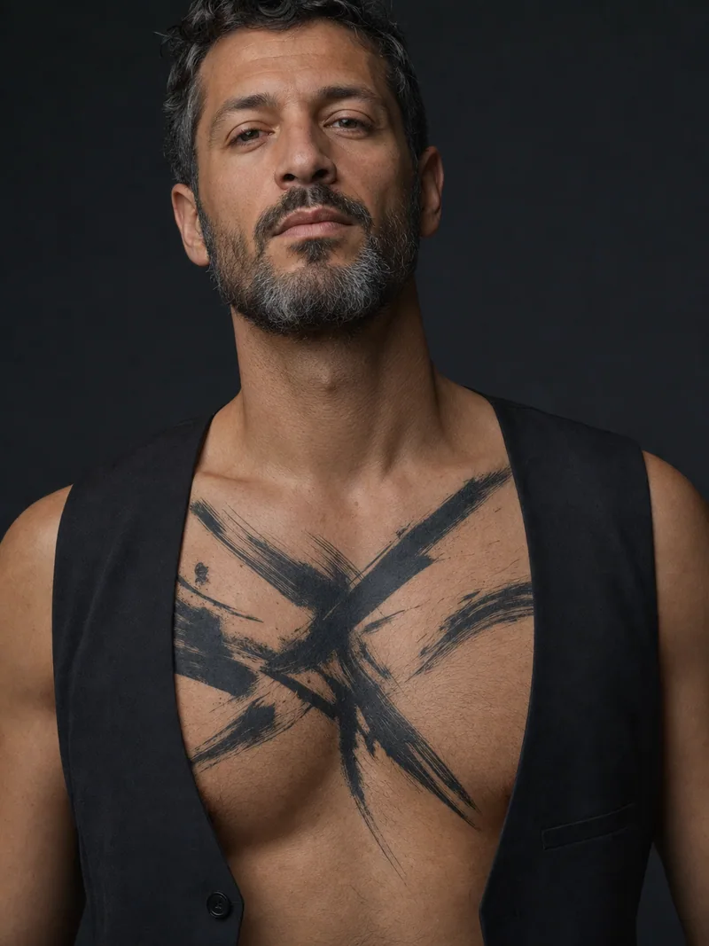 Abstract brush chest tattoo - Loose brush marks cross the chest while leaving deliberate open skin.