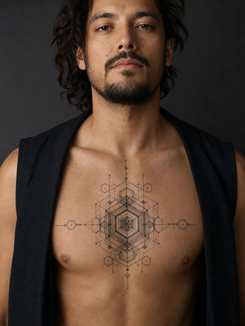 Geometric sternum tattoo - Hexagonal construction lines build a precise vertical center piece.
