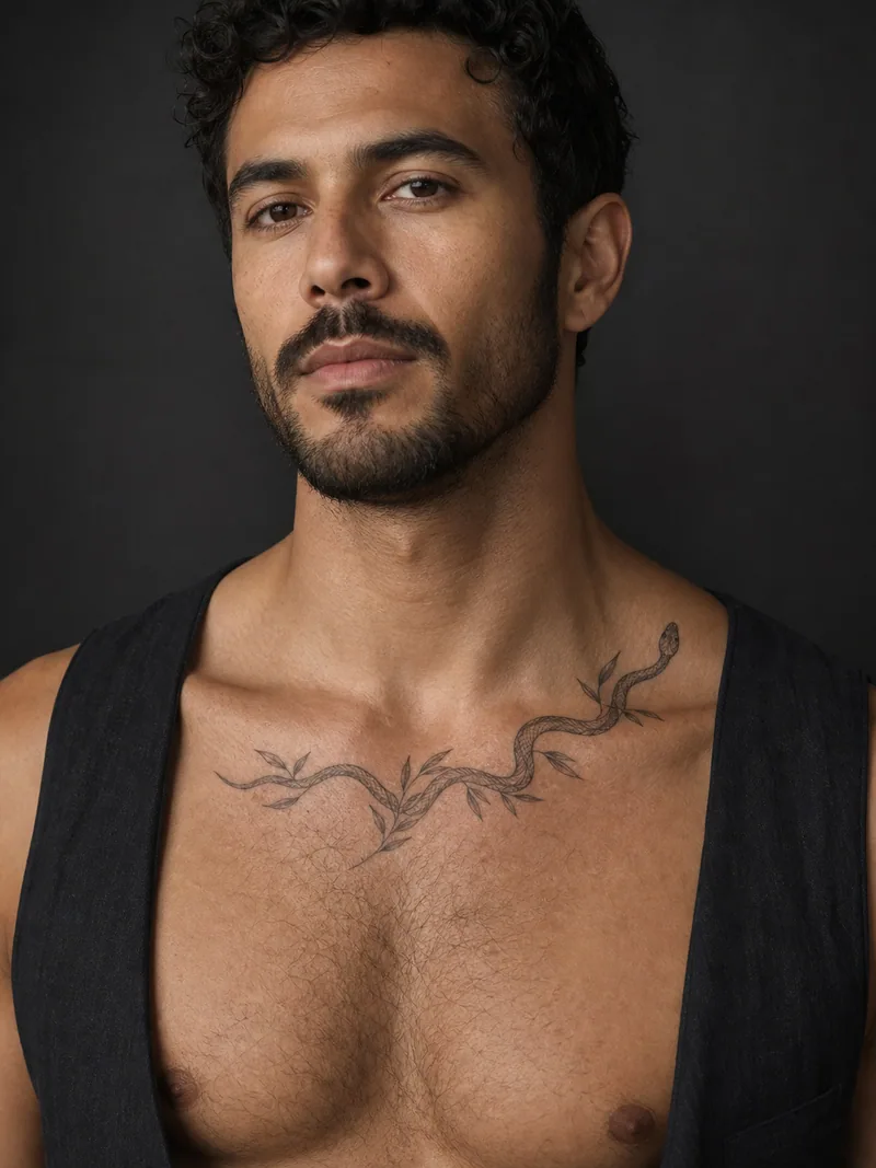 Snake collarbone tattoo - A slender snake and leaves follow the natural collarbone curve.
