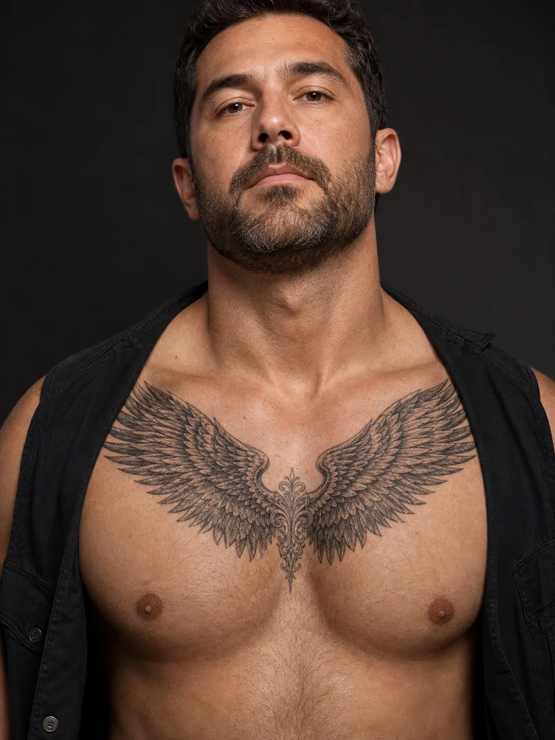 Angelic wings chest tattoo - Mirrored feathered wings span both sides with a clear center gap.