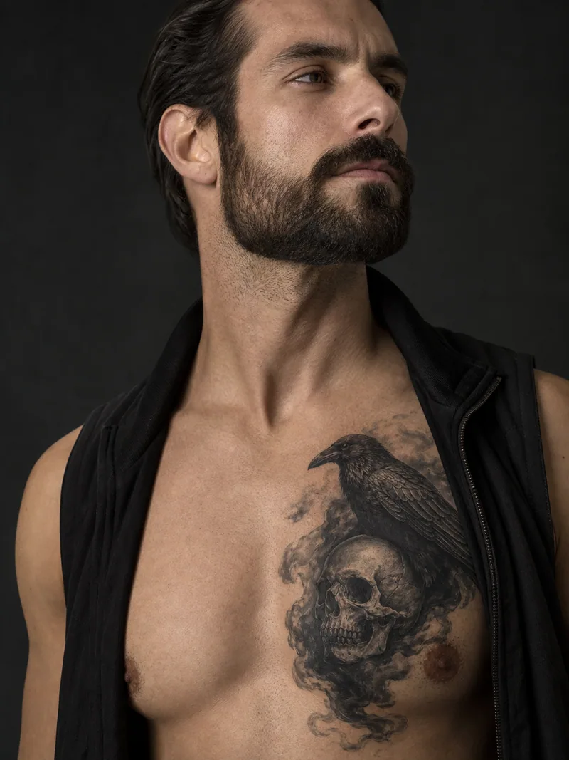 Skull and raven chest tattoo - A raven rises behind a non-graphic skull in a dark one-side panel.