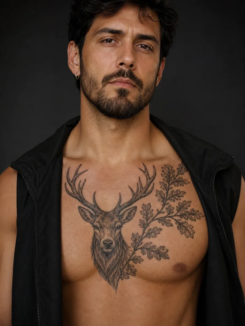 Botanical stag chest tattoo - Oak leaves and antlers frame a compact stag portrait.