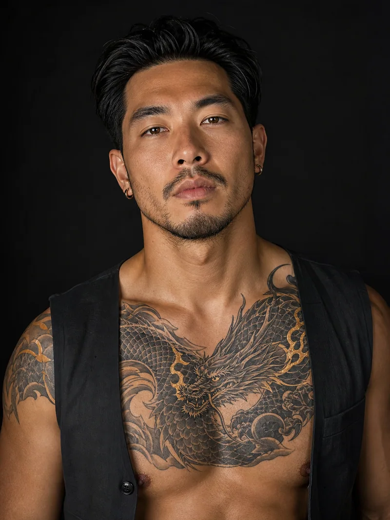 Japanese dragon chest tattoo - A coiling dragon travels from the center chest toward one shoulder.