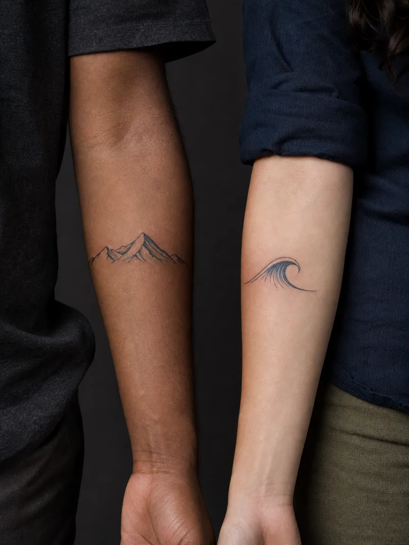 Mountain and wave tattoos - A mountain ridge and curling wave balance land and water in two simple marks.