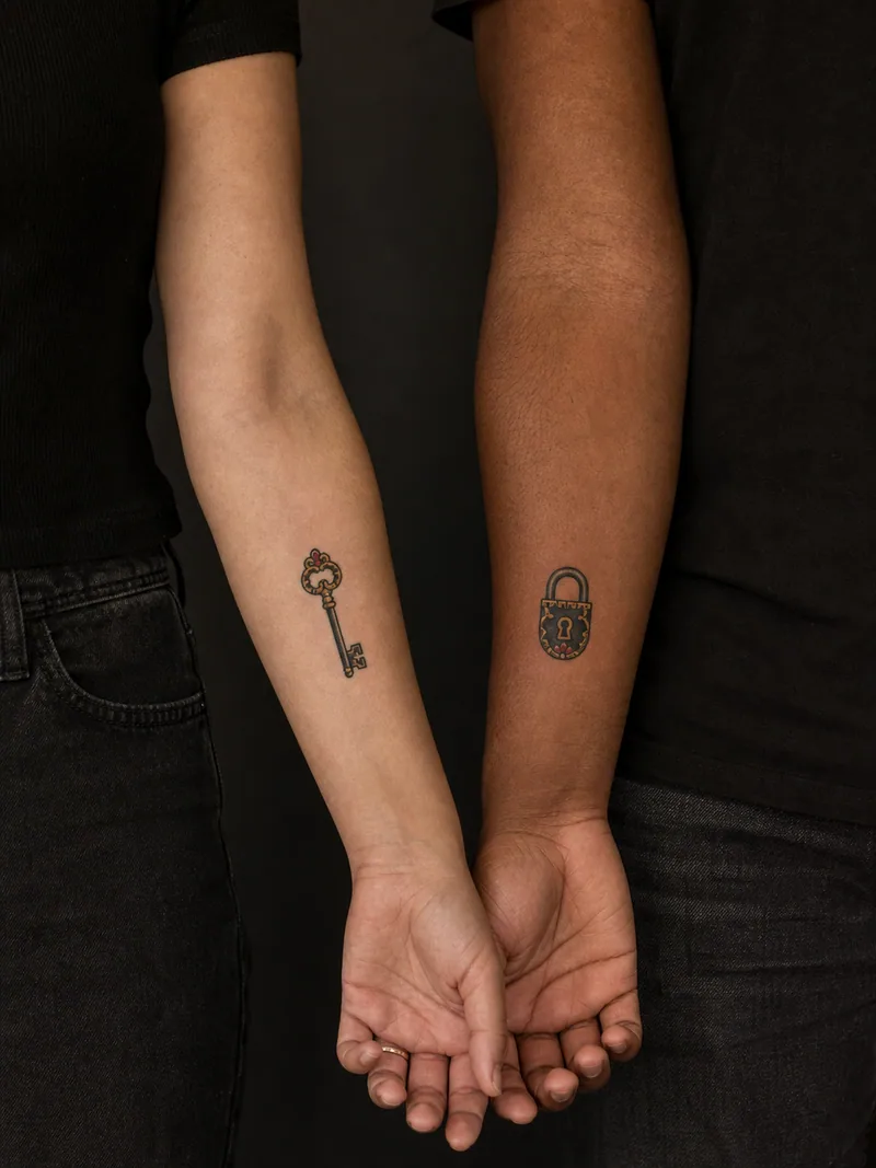 Key and lock tattoos - A compact key and padlock use the same bold outline and restrained palette.