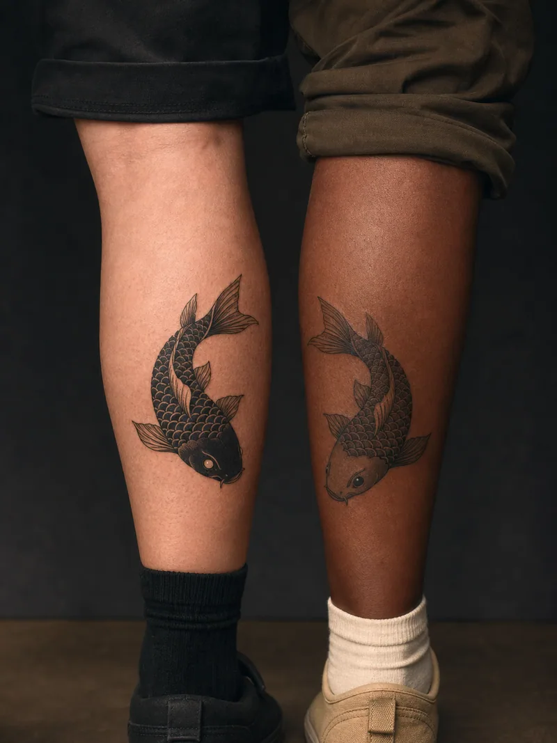 Complementary koi tattoos - Two koi curve toward each other with opposite eye and scale details.