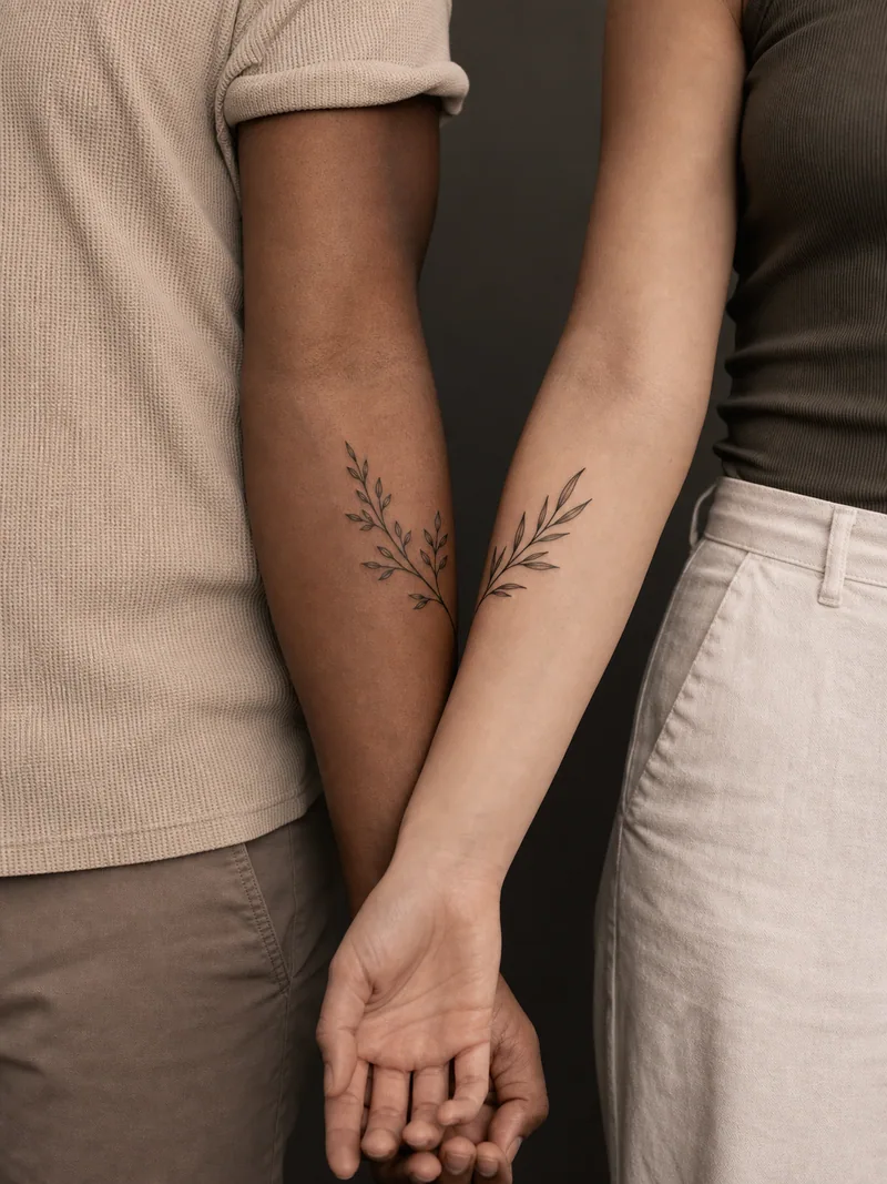 Botanical couple tattoos - Separate leaf branches visually join only when both forearms meet.