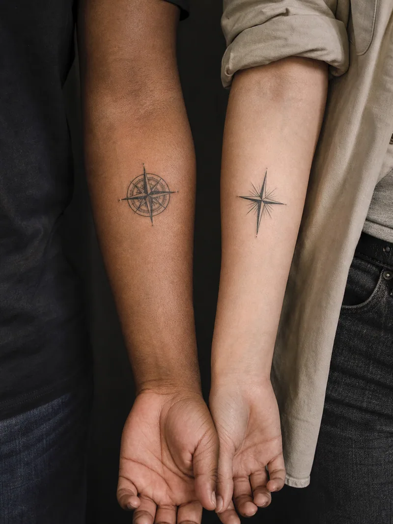 Compass and star tattoos - A compact compass rose pairs with a bright four-point north star.
