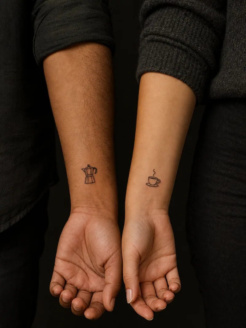 Coffee couple tattoos - A tiny moka pot and steaming cup make a playful everyday pair.