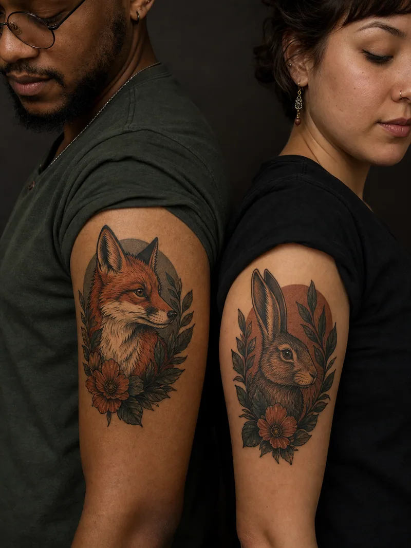 Fox and rabbit tattoos - A fox and rabbit portrait share a botanical frame and autumn palette.