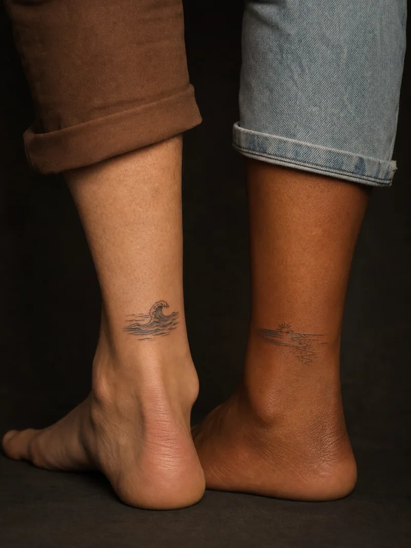 Tide and shoreline tattoos - An incoming tide meets a quiet shoreline and a tiny sun.
