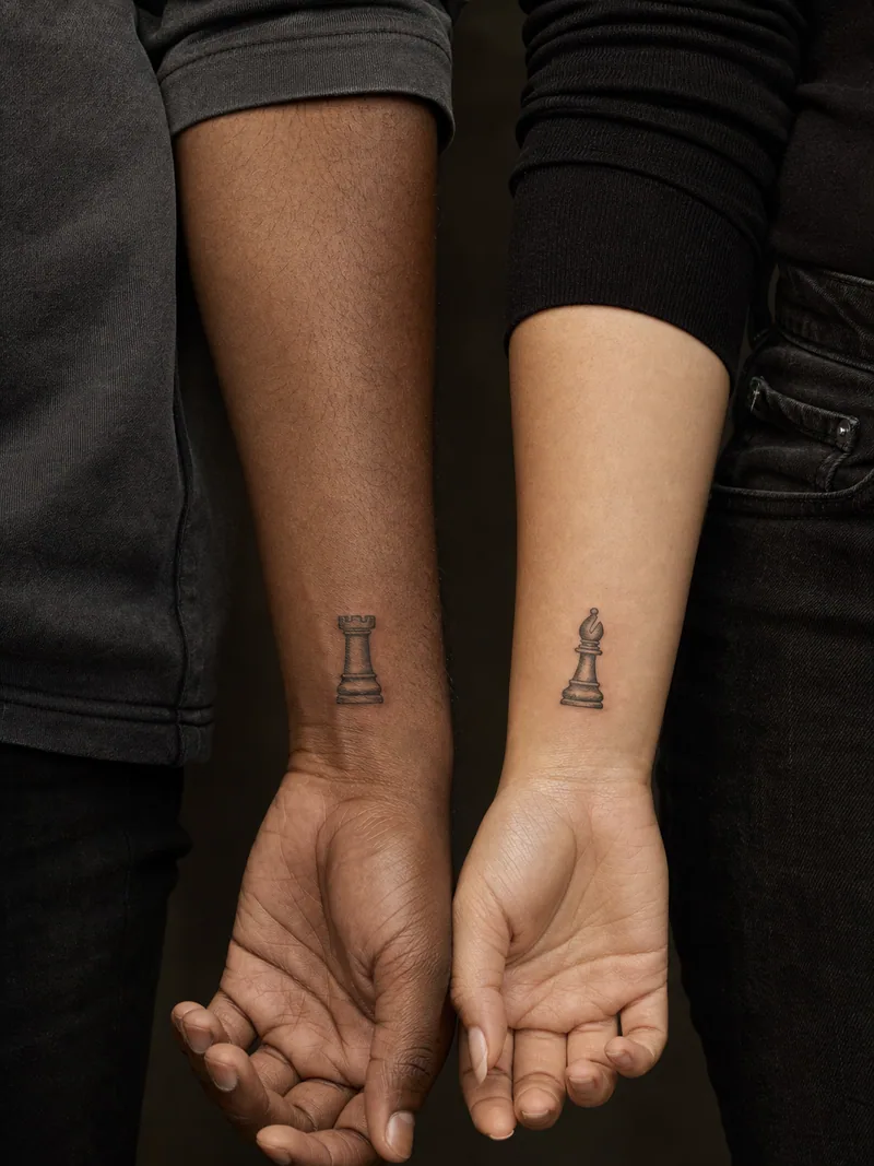 Chess couple tattoos - A rook and bishop use matching hatching without relying on labels.