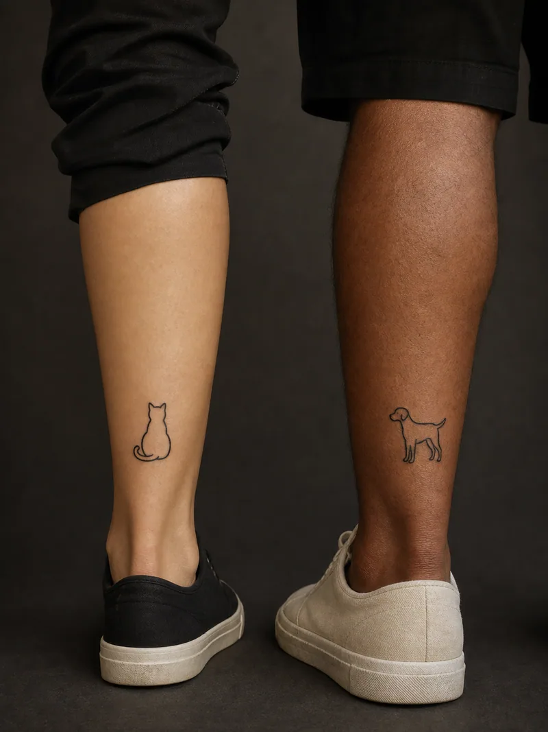 Cat and dog couple tattoos - A sitting cat and standing dog become clear silhouettes with spare lines.