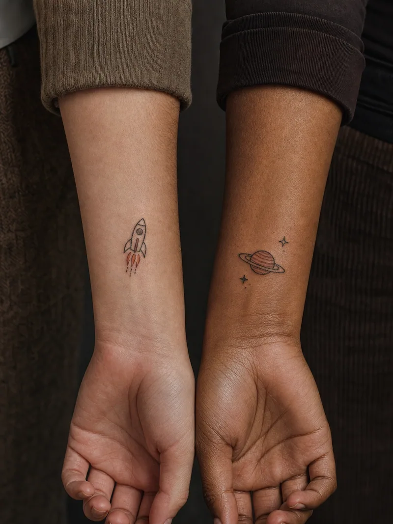 Rocket and planet tattoos - A retro rocket travels toward a ringed planet and two tiny stars.