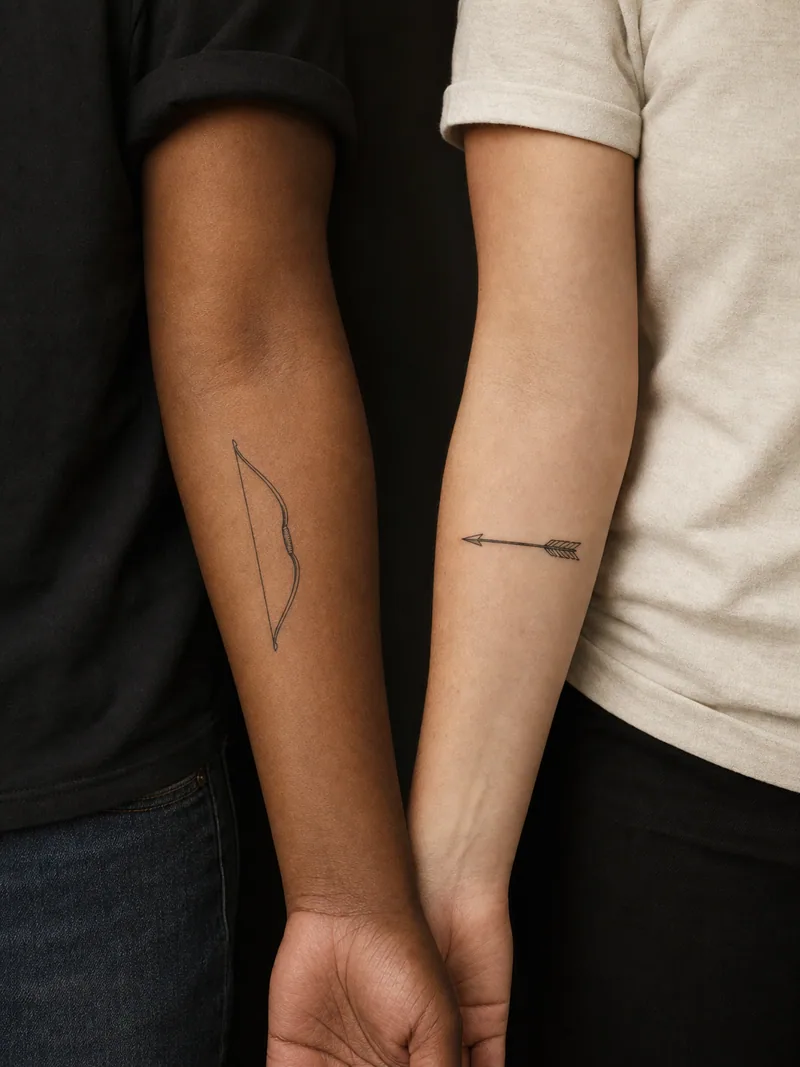 Bow and arrow tattoos - A spare bow and matching arrow point toward each other across two forearms.